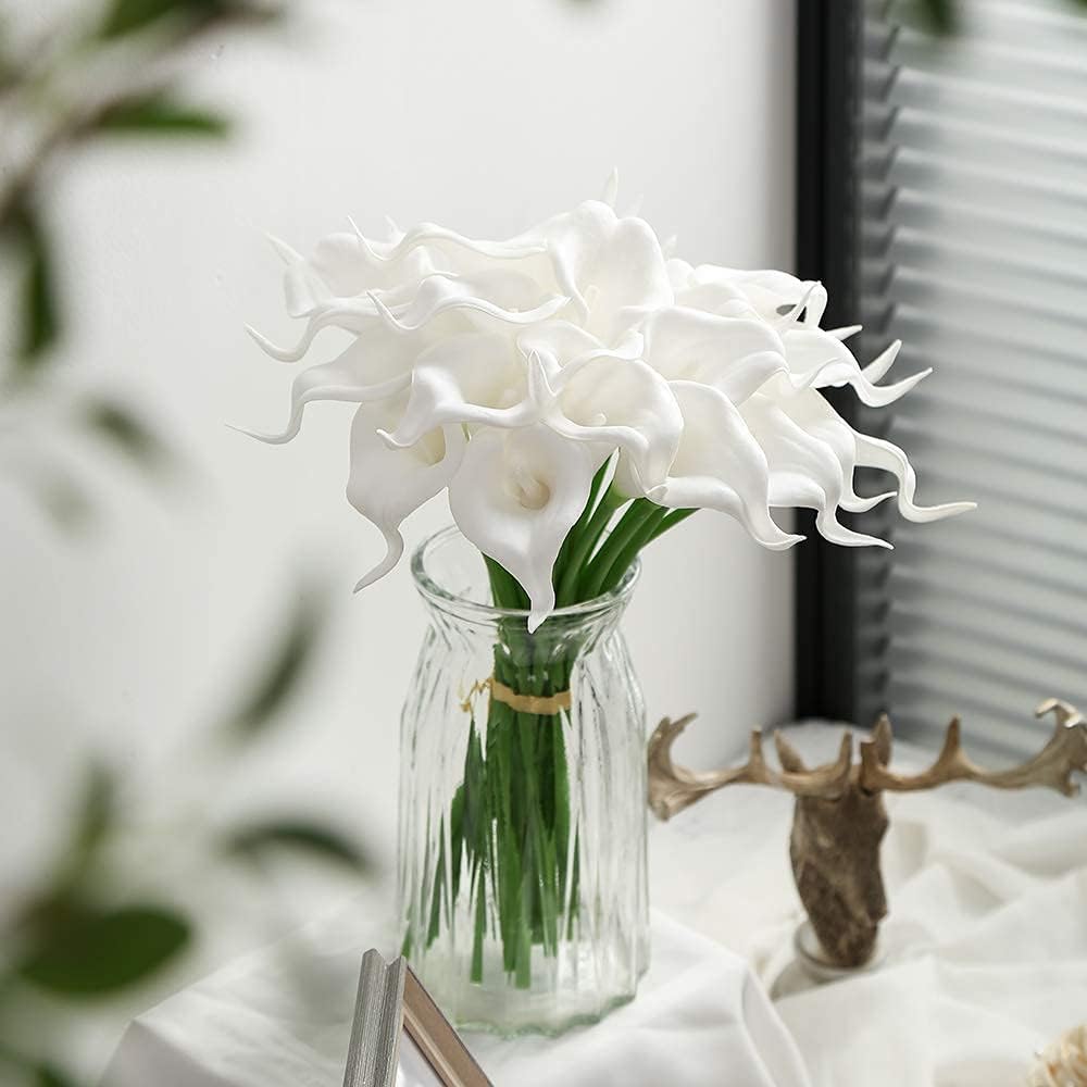 IPOPU 24PCS Artificial Flowers Fake Calla Lily Flowers Real Touch Calla Lily Faux Flowers Arrangement Bouquet for Home Garden Office Party Wedding Bouquet Centerpieces Flower Home Decoration (White)